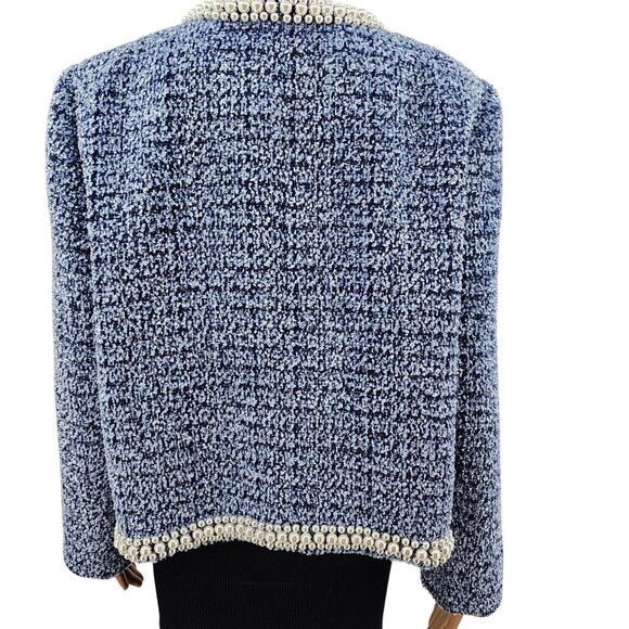 Kate Spade New York Gabrielle Blue Tweed Pearl-Trim Jacket Size 16 - Picture 2 of 14